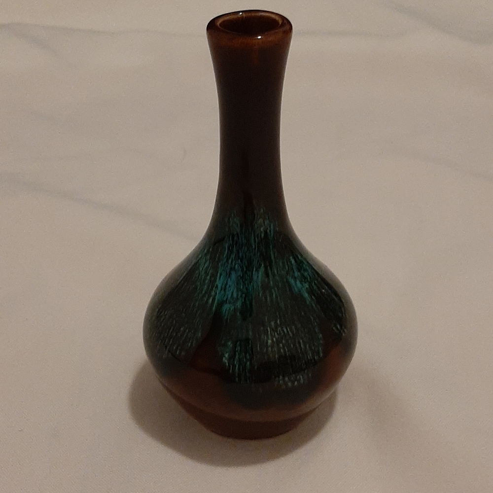 Brown and Turquoise Glazed Vintage Fall Winter Bud Vase 5" Tall